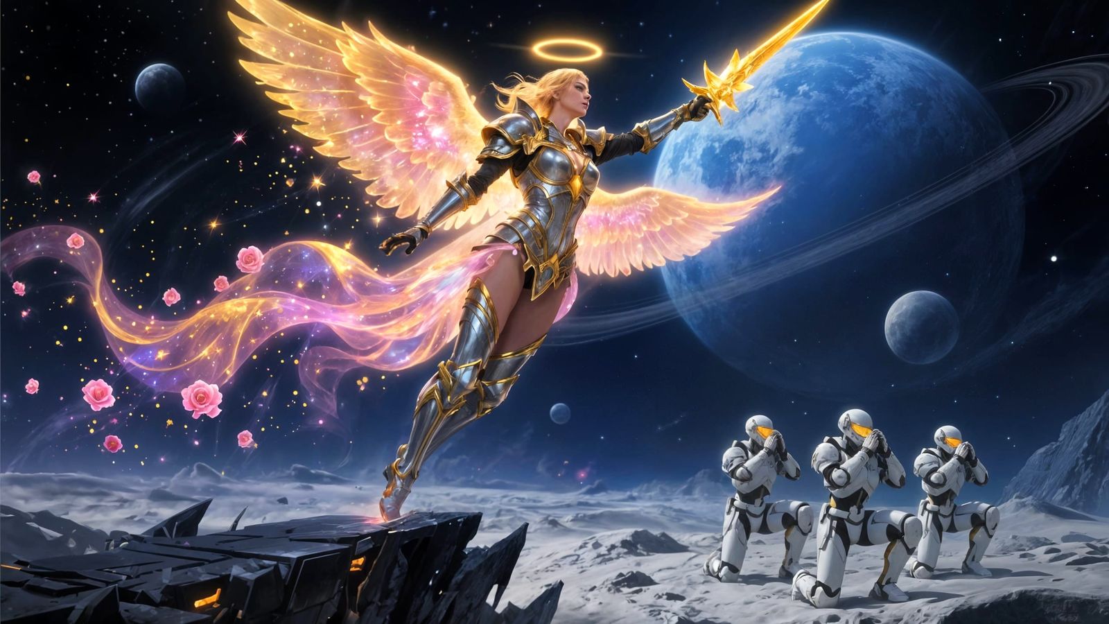 Celestial Angel Warrior Ascending over Alien Battlefield