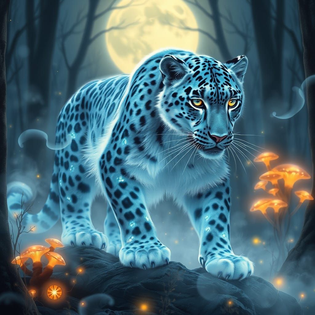 Ethereal Snow Leopard Illuminates Moonlit Forest