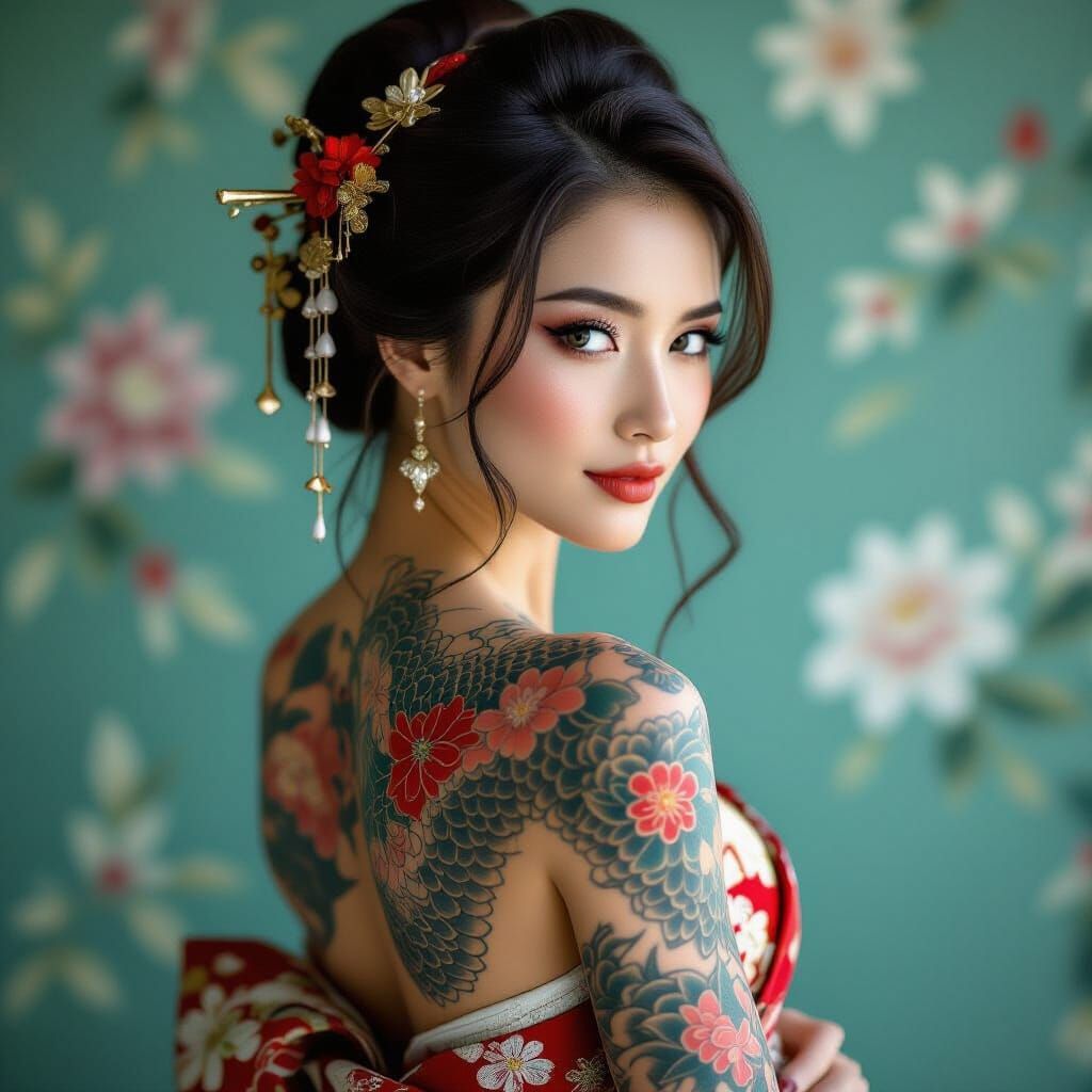 Japanese Model with Dragon and Geisha Back Tattoo Portrait