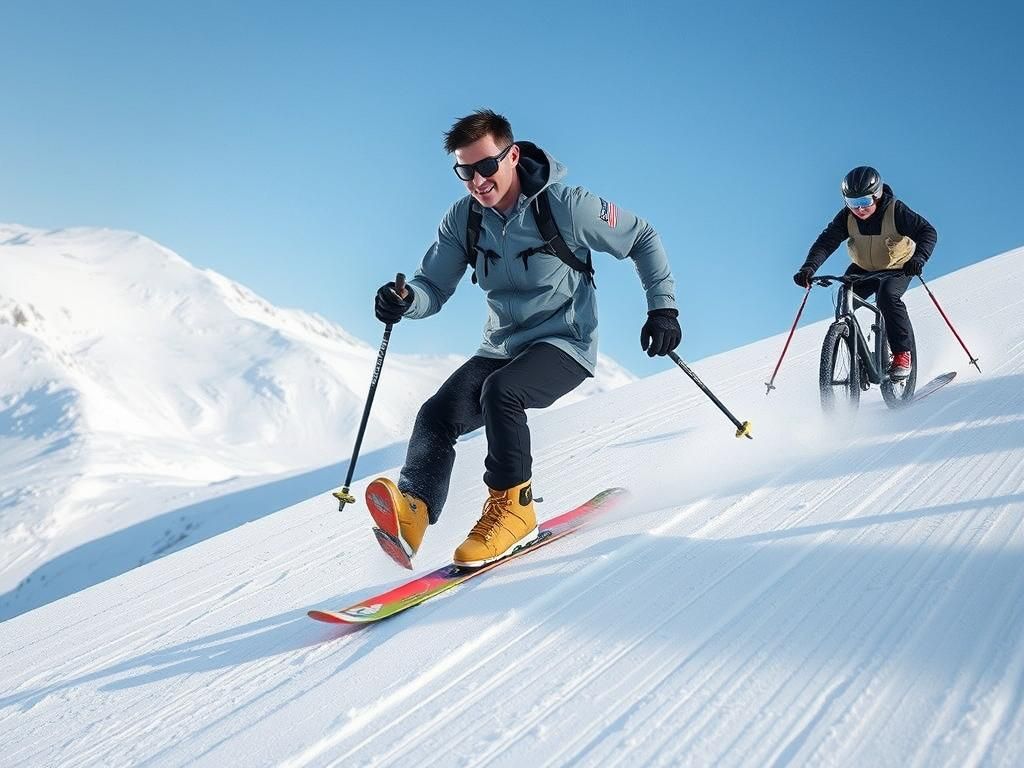 Skier with One Ski Being Chased on Mountain