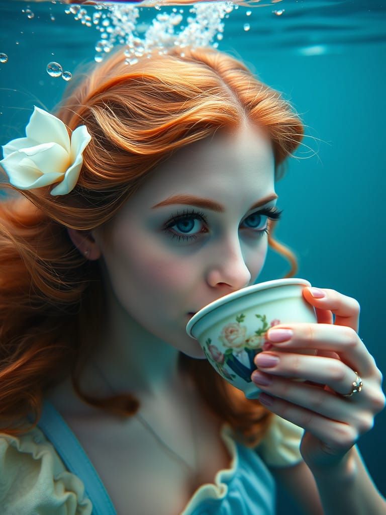 Surreal Tea Time Underwater Portrait of Alice in Wonderland