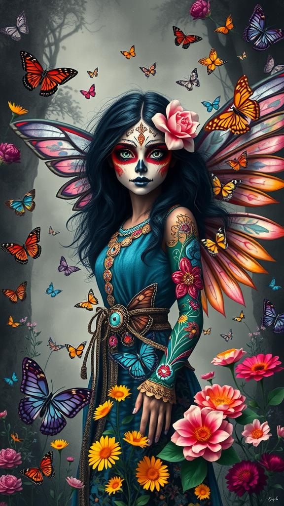 Woman with Día de los Muertos Face Paint in Dreamscape