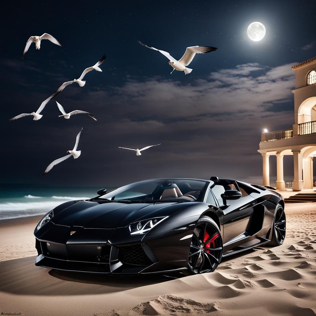 midnight scene featuring a sleek black Jaguar sports car, parked gracefully on the sandy beach