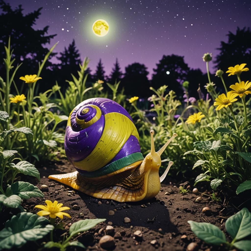 Glowing Snail in Moonlit Garden: Cinematic Still