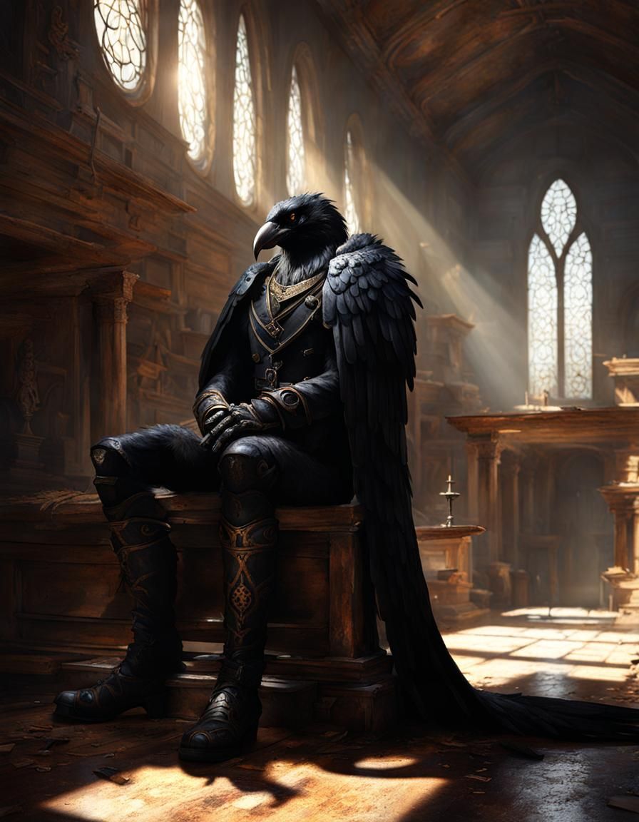 Pensive atmosphere, sunshine,  demon raven guarding a decrepit mortuary, pause, digger, panther, lost :: ink :: post-apo...