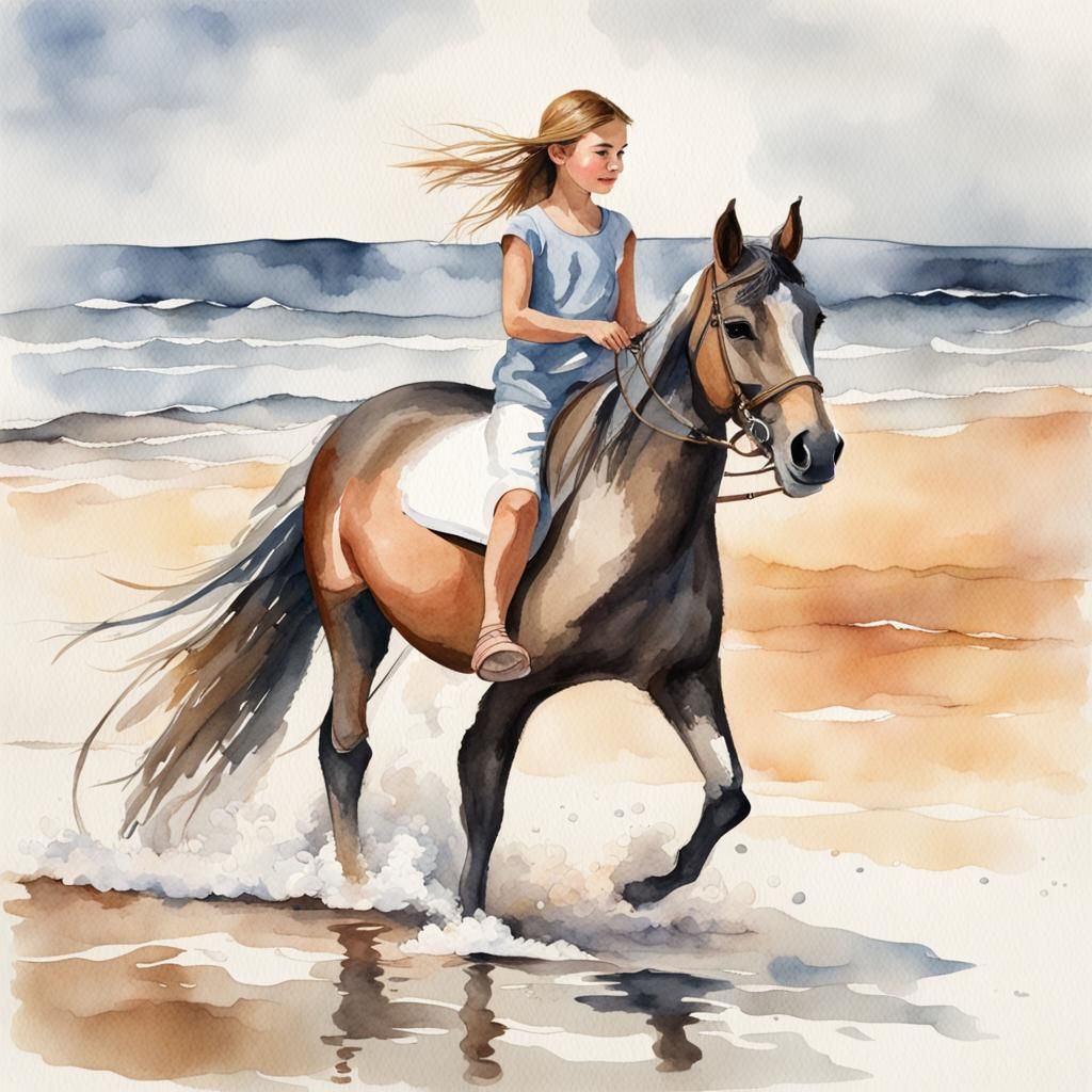 Girl on Horseback at Beach in Watercolour Style