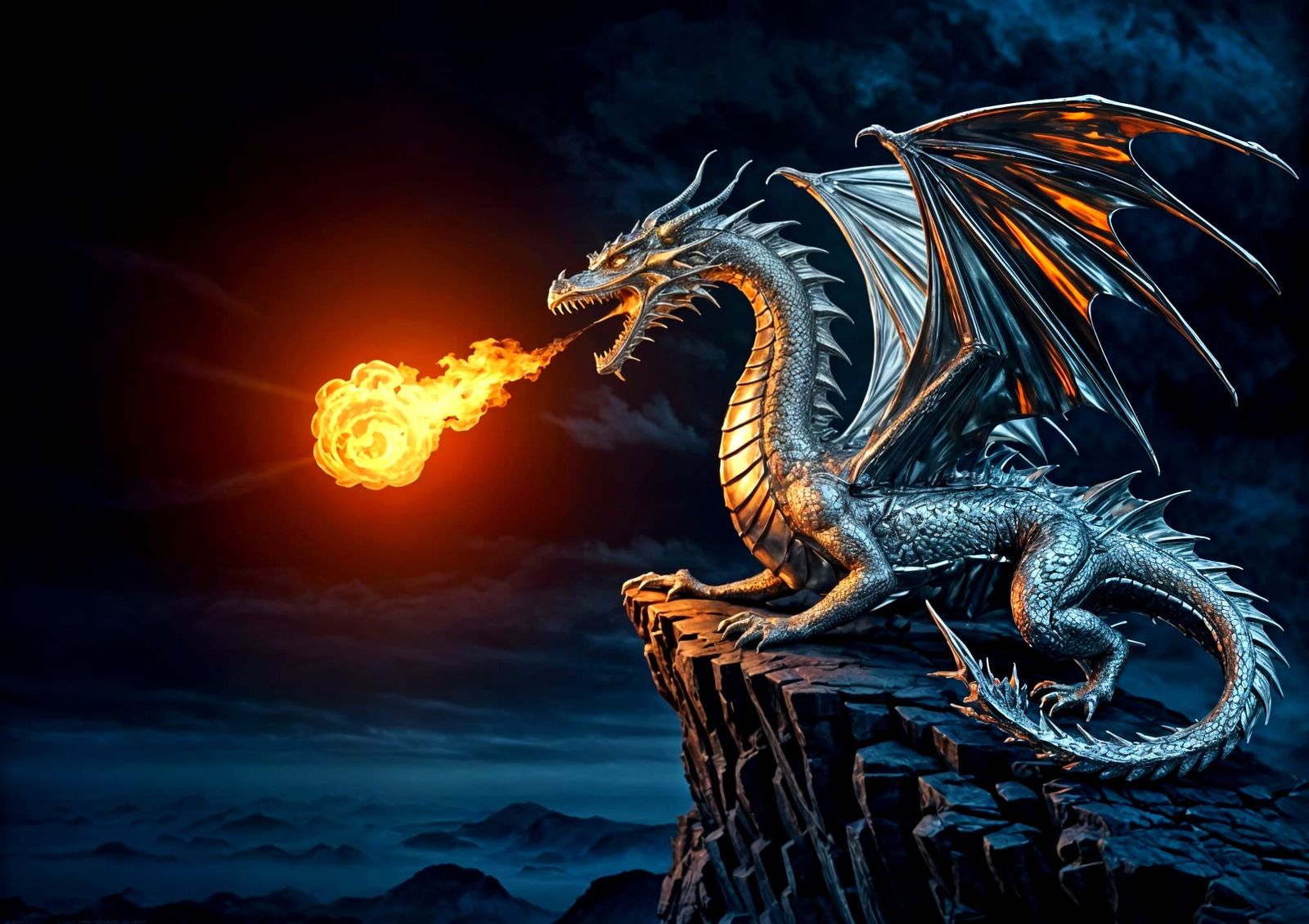Majestic Chrome Dragon Soars in Dark Night
