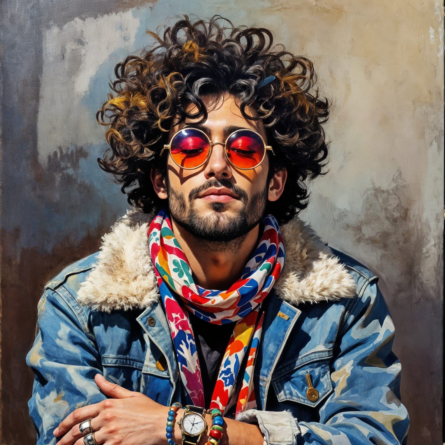 Young Man Portrait in 1960s Hippie Style