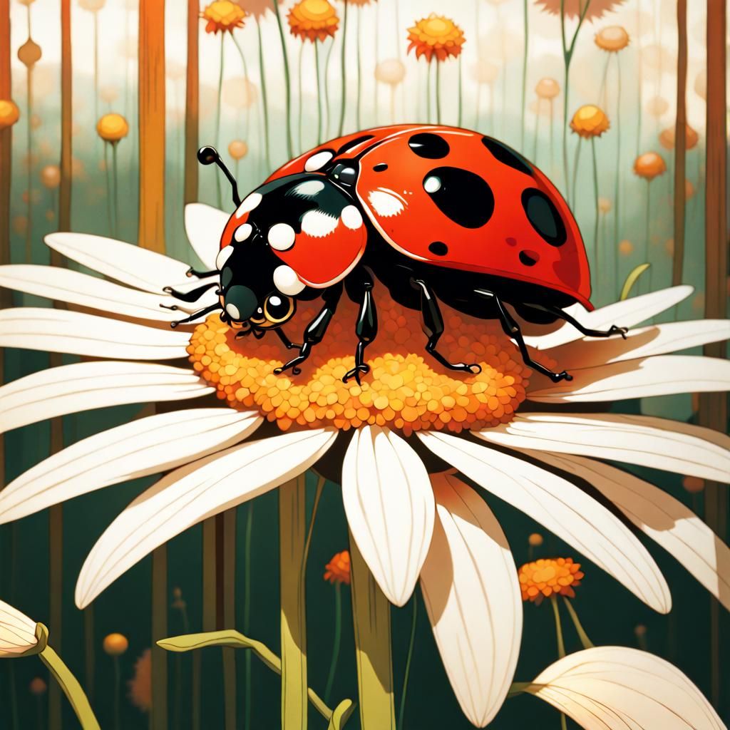 Fantastic Ladybug on Daisy in Storybook Style