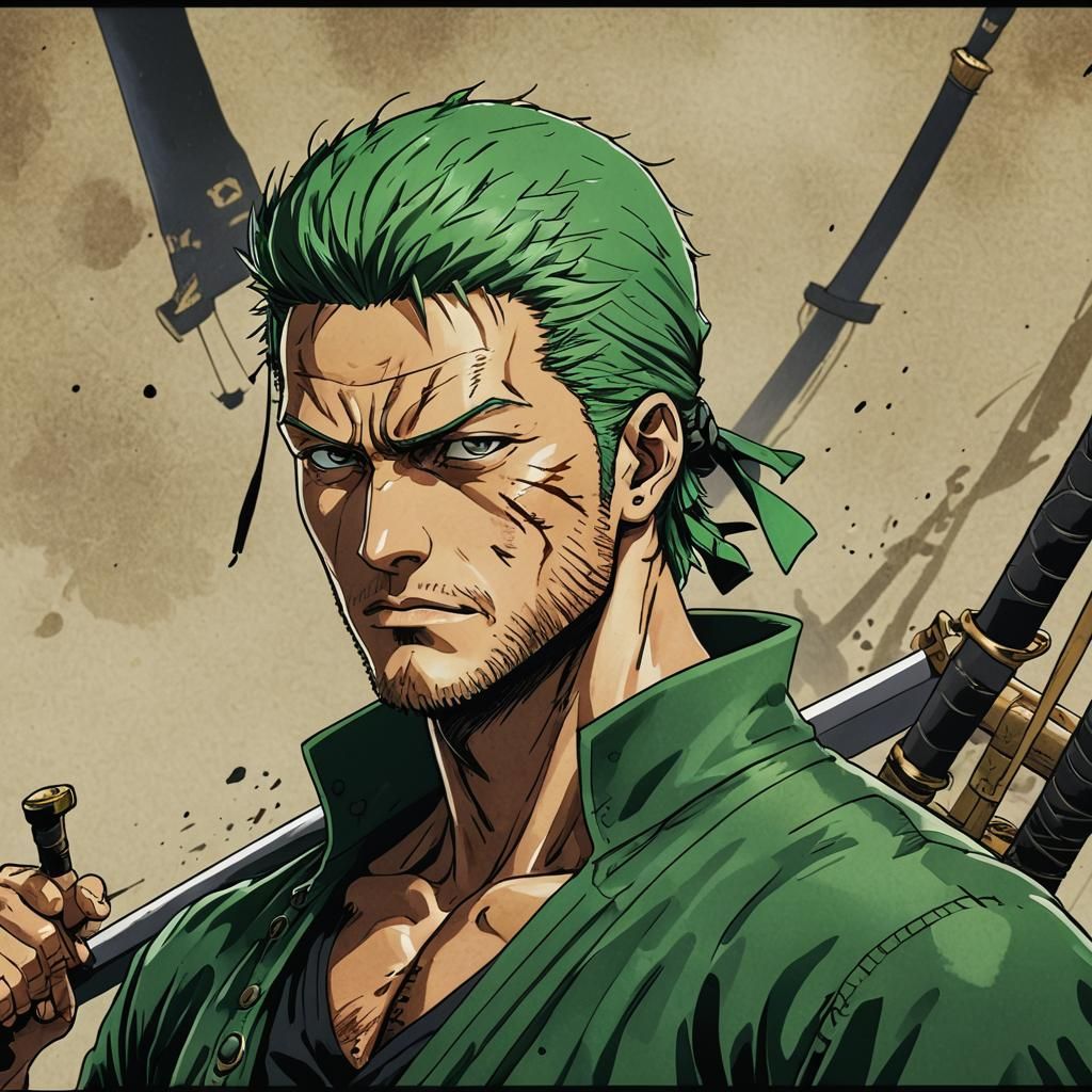 Roronoa Zoro Anime-Style Cel-Shaded Art