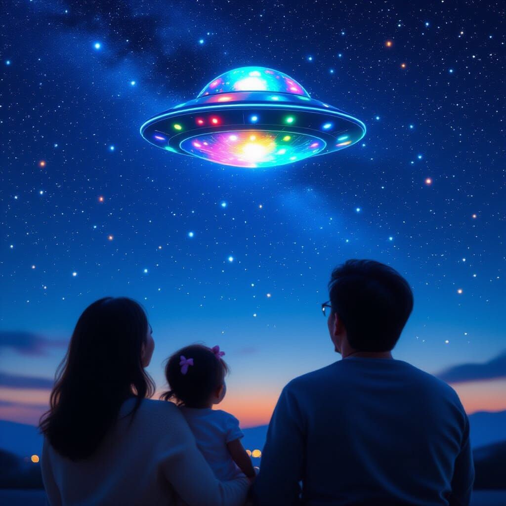 Father and Daughter Gaze at UFO in Starry Night