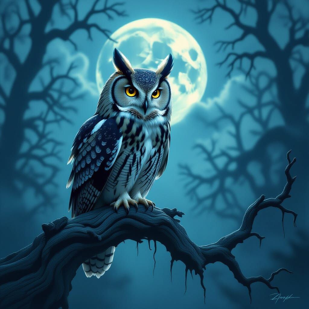 Elegant Owl in Ethereal Moonlight Forest