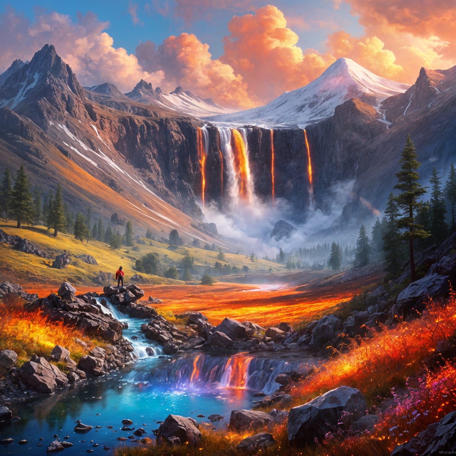 Lava Waterfall Cascading into Crystal Lake