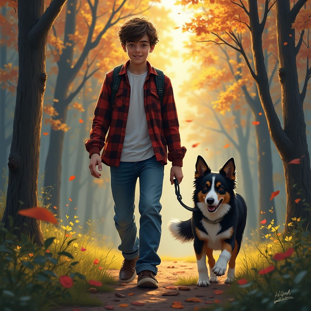 Teenage Boy Walks Playful Border Collie in Detailed Woods