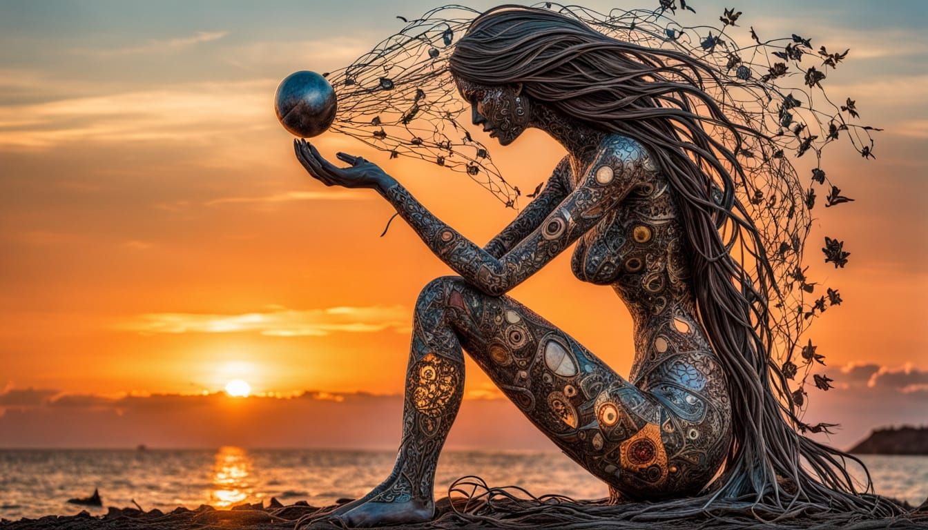 Surreal Fragmented Sculpture of Woman at Sunset