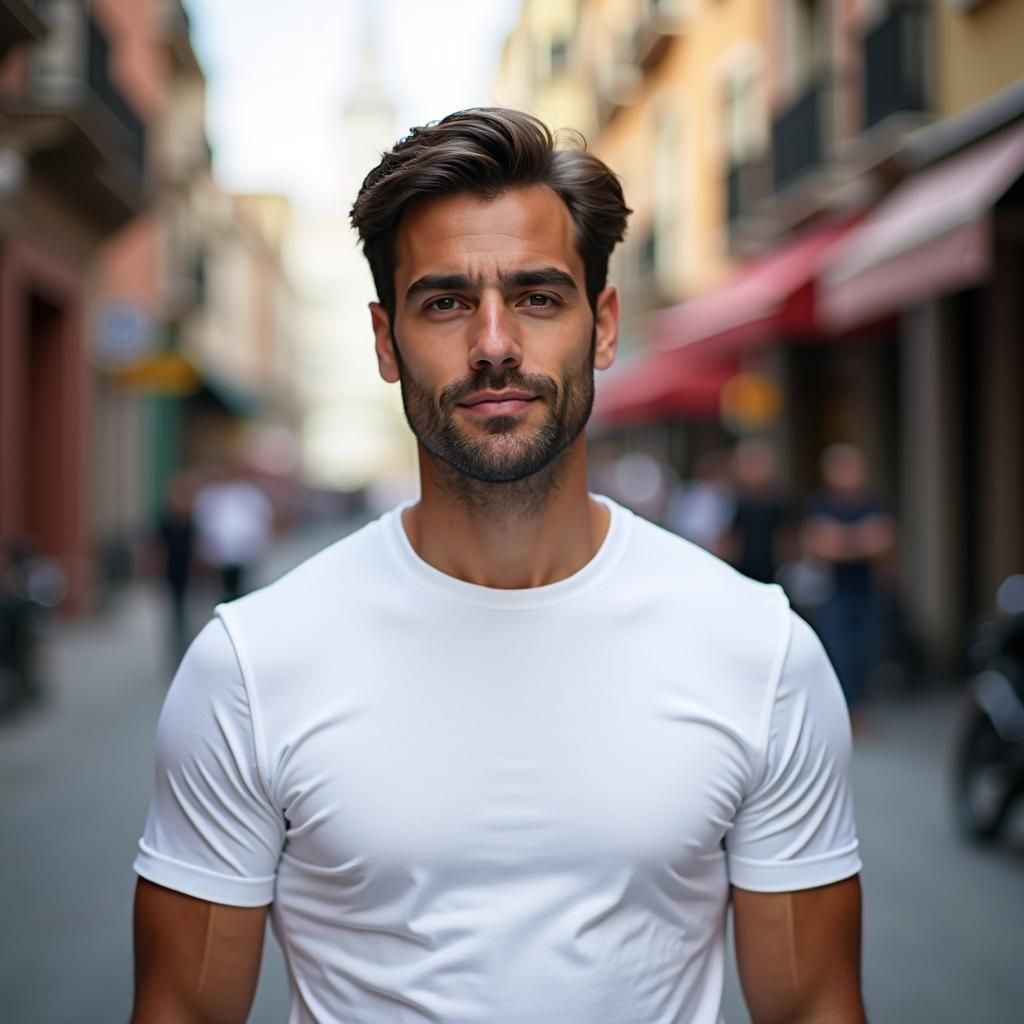 Confident Man in White T-Shirt, City Street Portrait