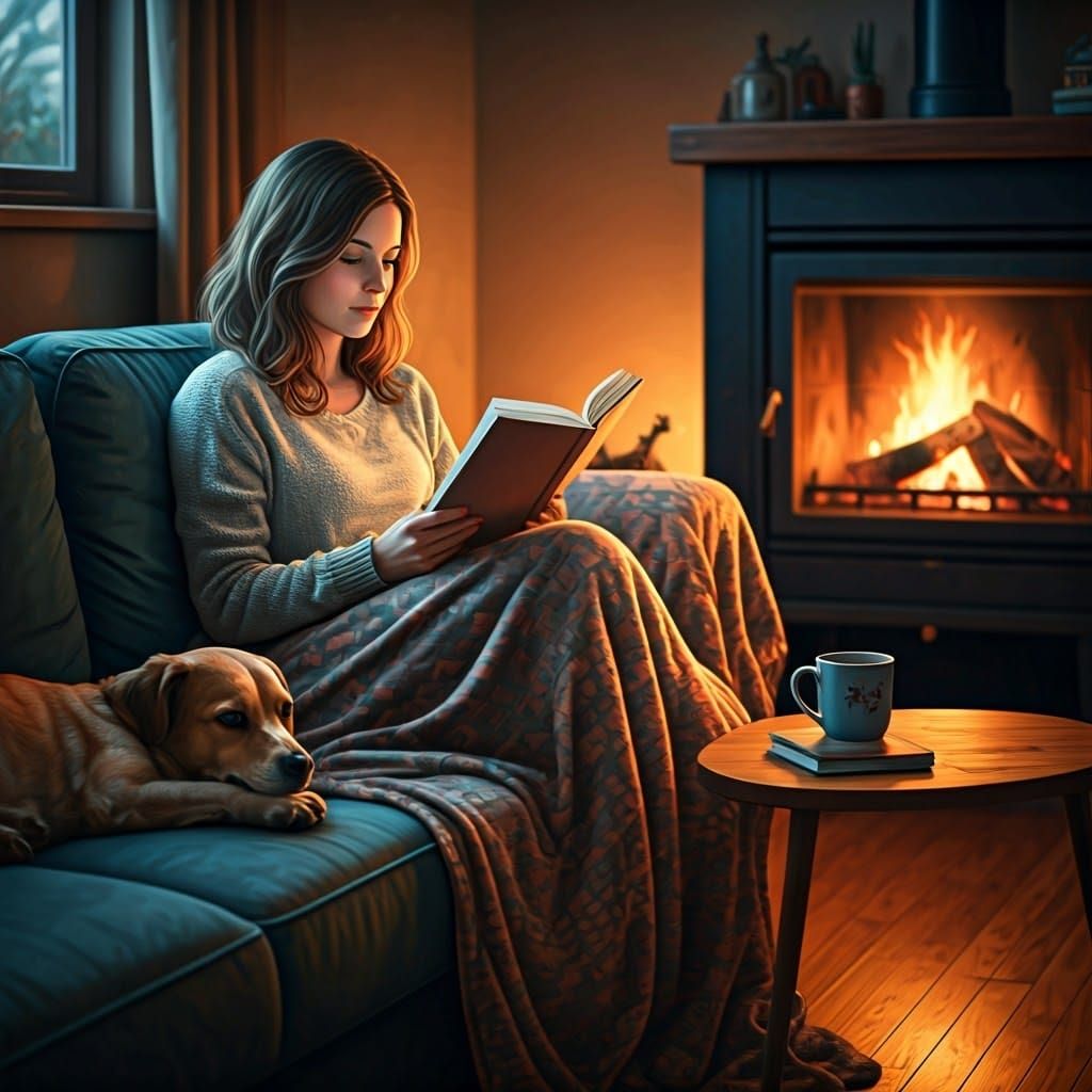 Cozy Reading Scene with Fireplace and Dog