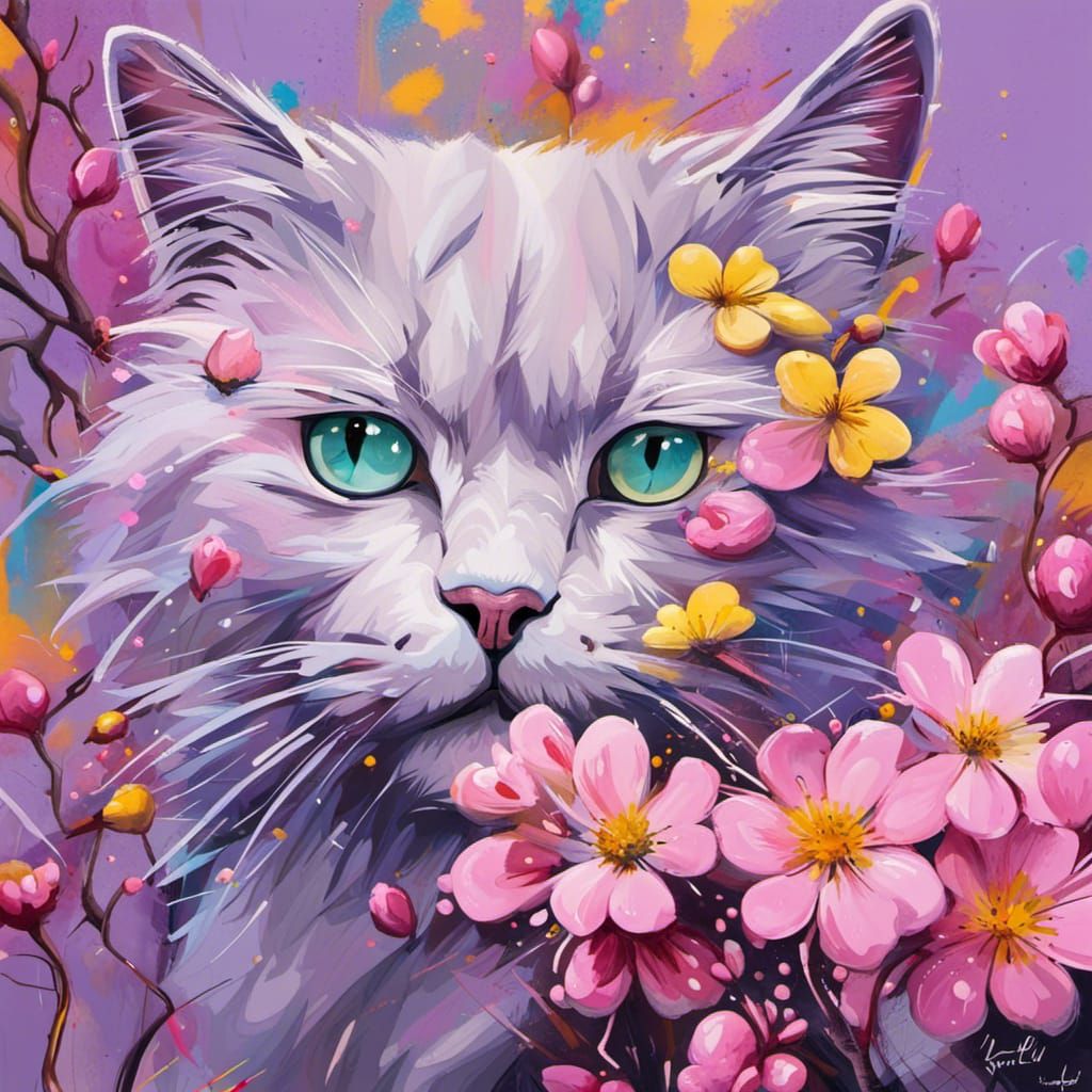 Pastel Lilac Cat with Blossoms in Graffiti Art