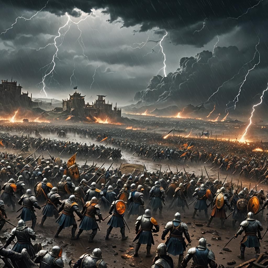 Epic Fantasy Battle Scene on Stormy Battlefield