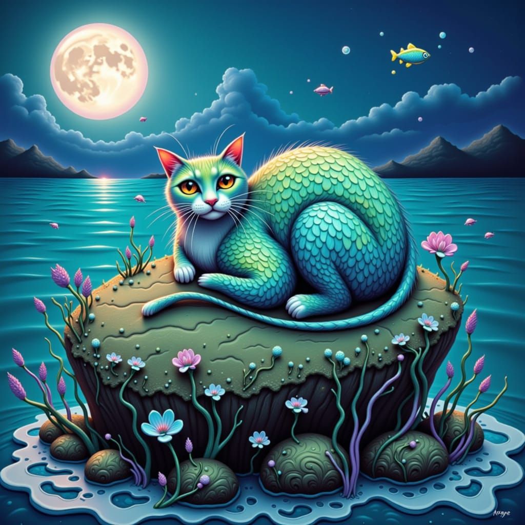 Scaled Cat Lounging Under a Full Moon