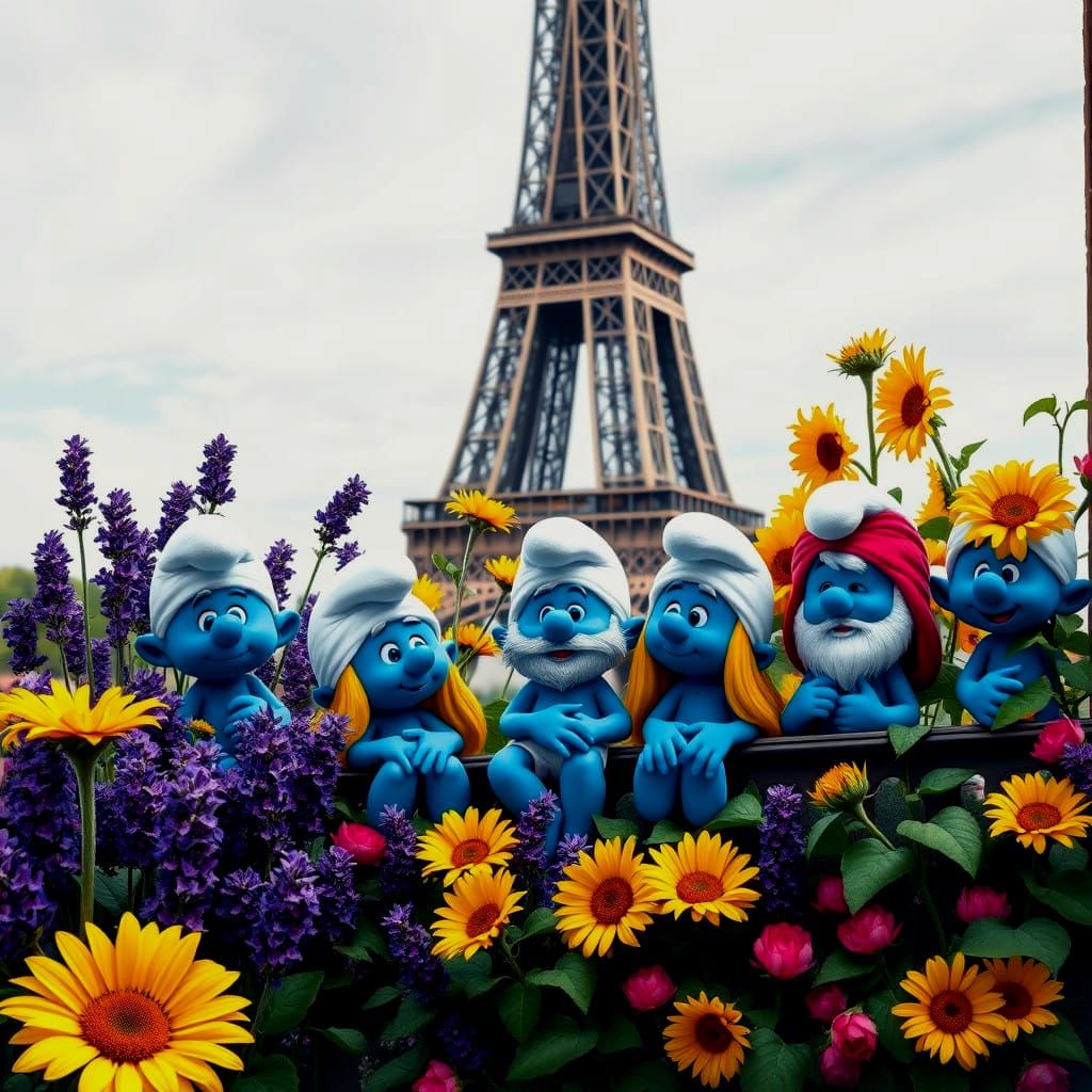 Smurfs Admire Eiffel Tower in Vibrant Street Art Style
