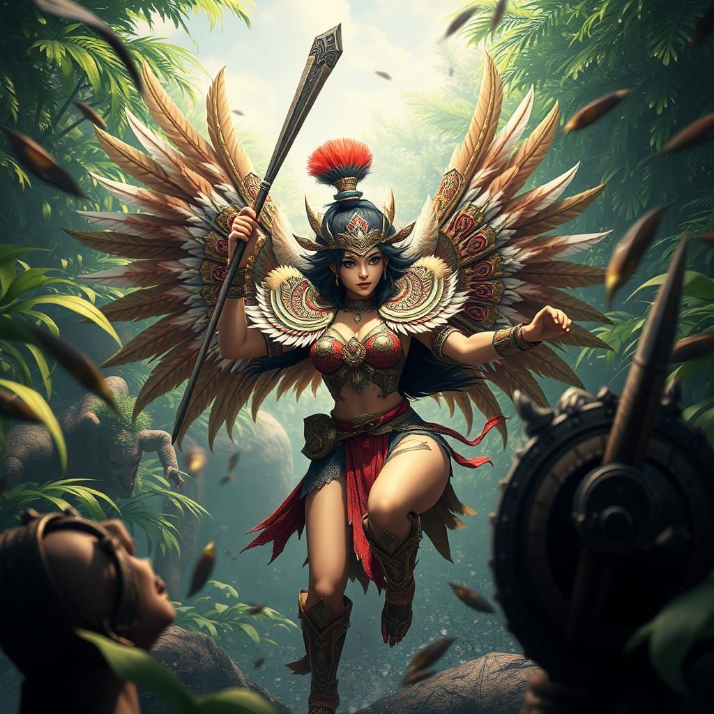 Olmec Warrior in Jungle Battle, 3D Anime Style