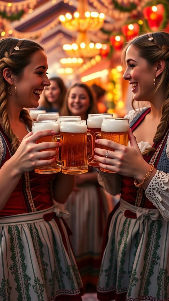 Bavarian Women Celebrate Oktoberfest with Beer