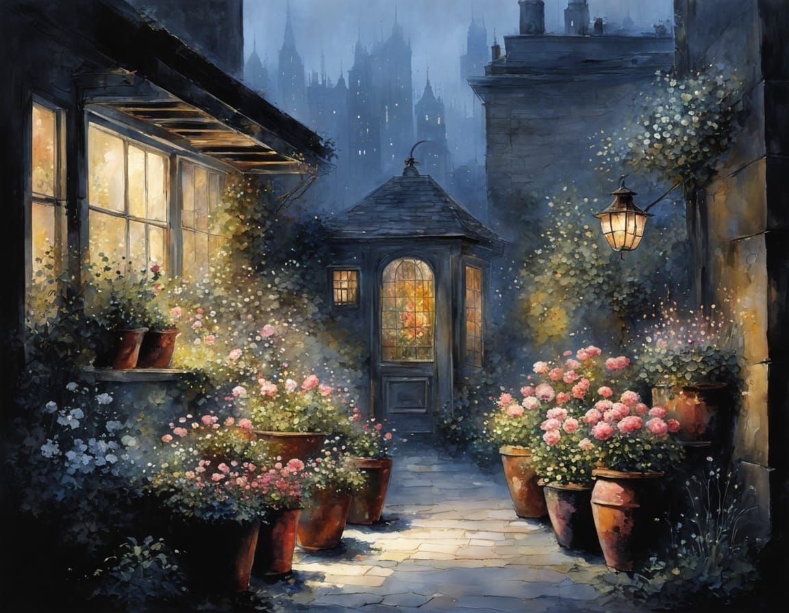 Girl in City Backyard Surrounded by Blooming Flower Pots in ...