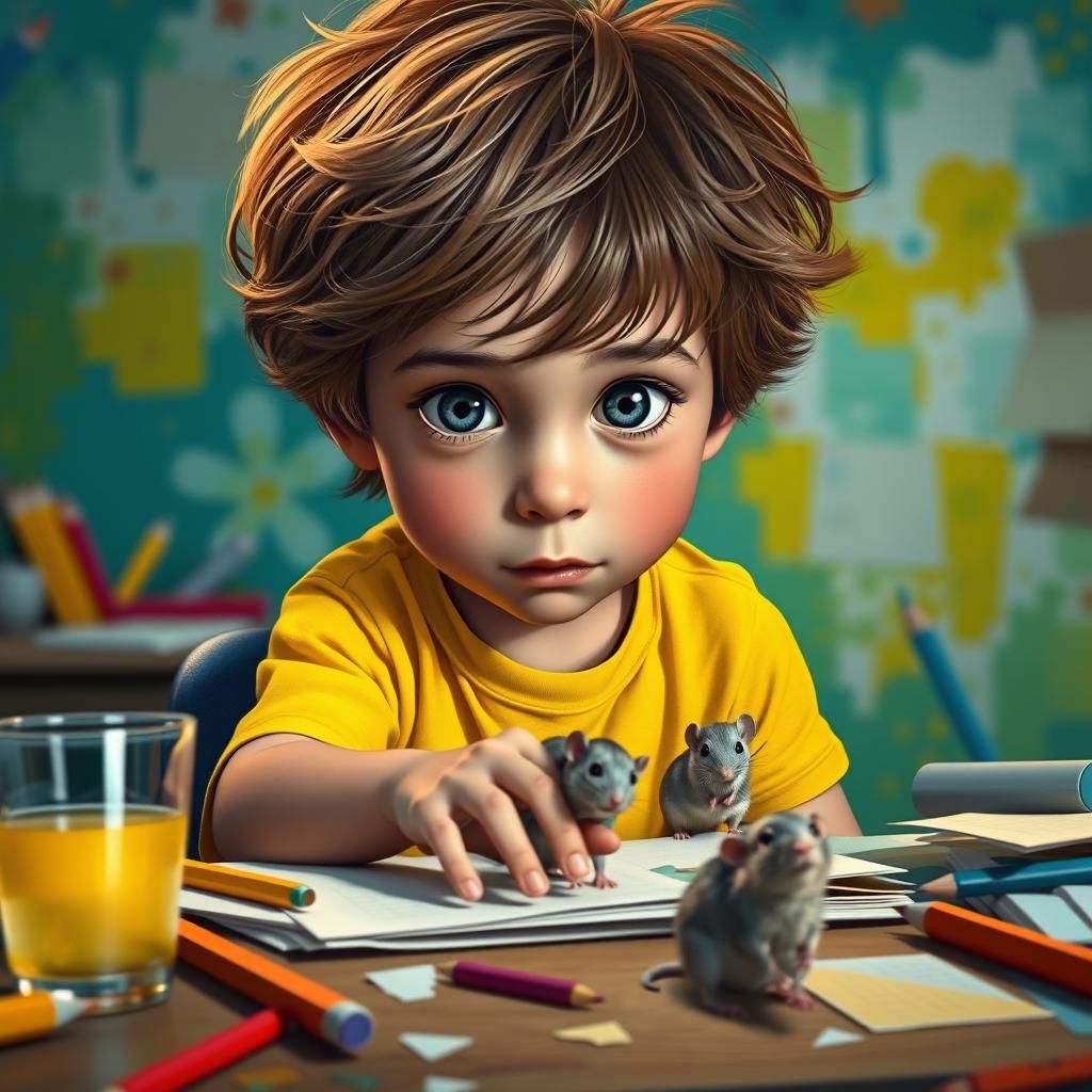 Boy Playing with Mice: Hyperrealistic Portrait