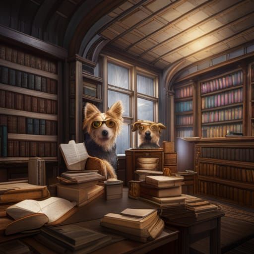 Cats, Dogs, Books in Detailed Fantasy Library