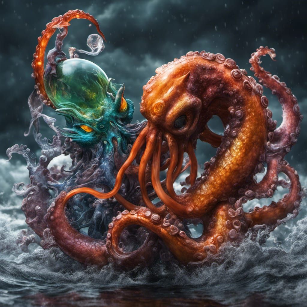 Blown Glass Creatures Clash in Stormy Seas
