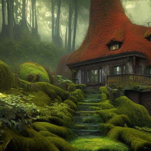 Forest Cottage with Vines: Detailed Matte Painting