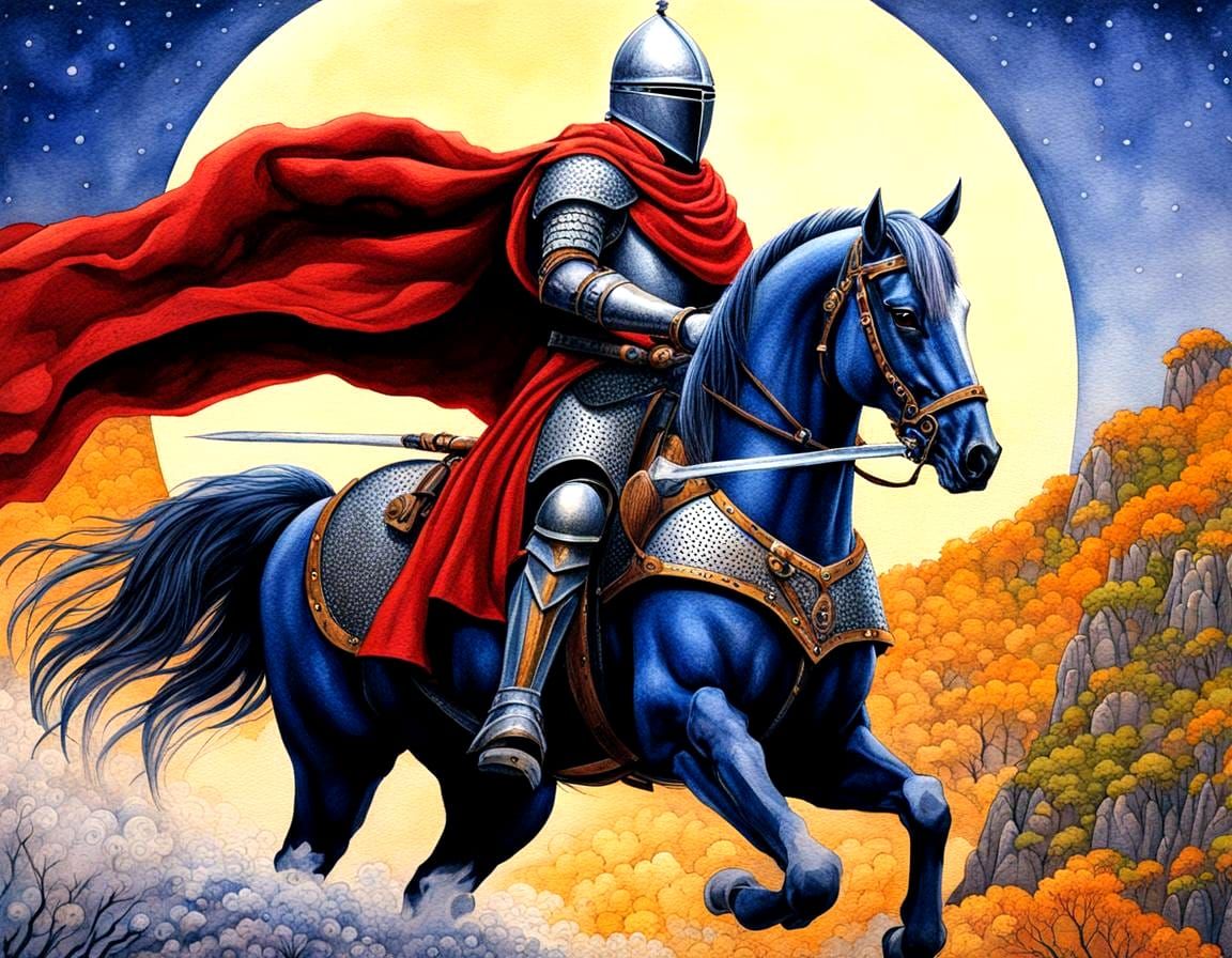 The red cloaked rider, and his blue steed.