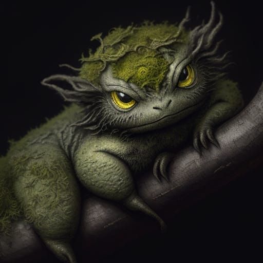 Charcoal Drawing of a Caterpie on a Mossy Tree Branch