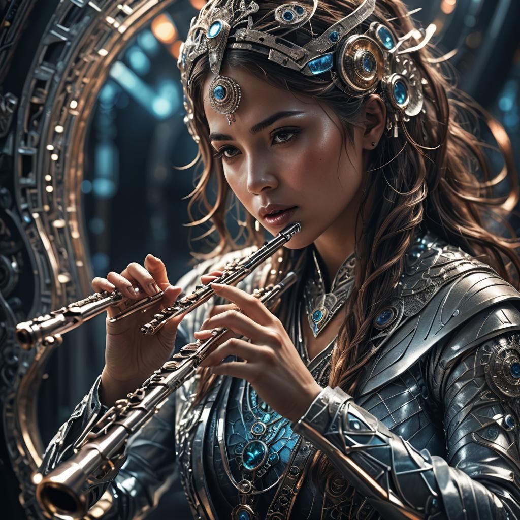 Glowing Futuristic Woman Playing Flute in HDR