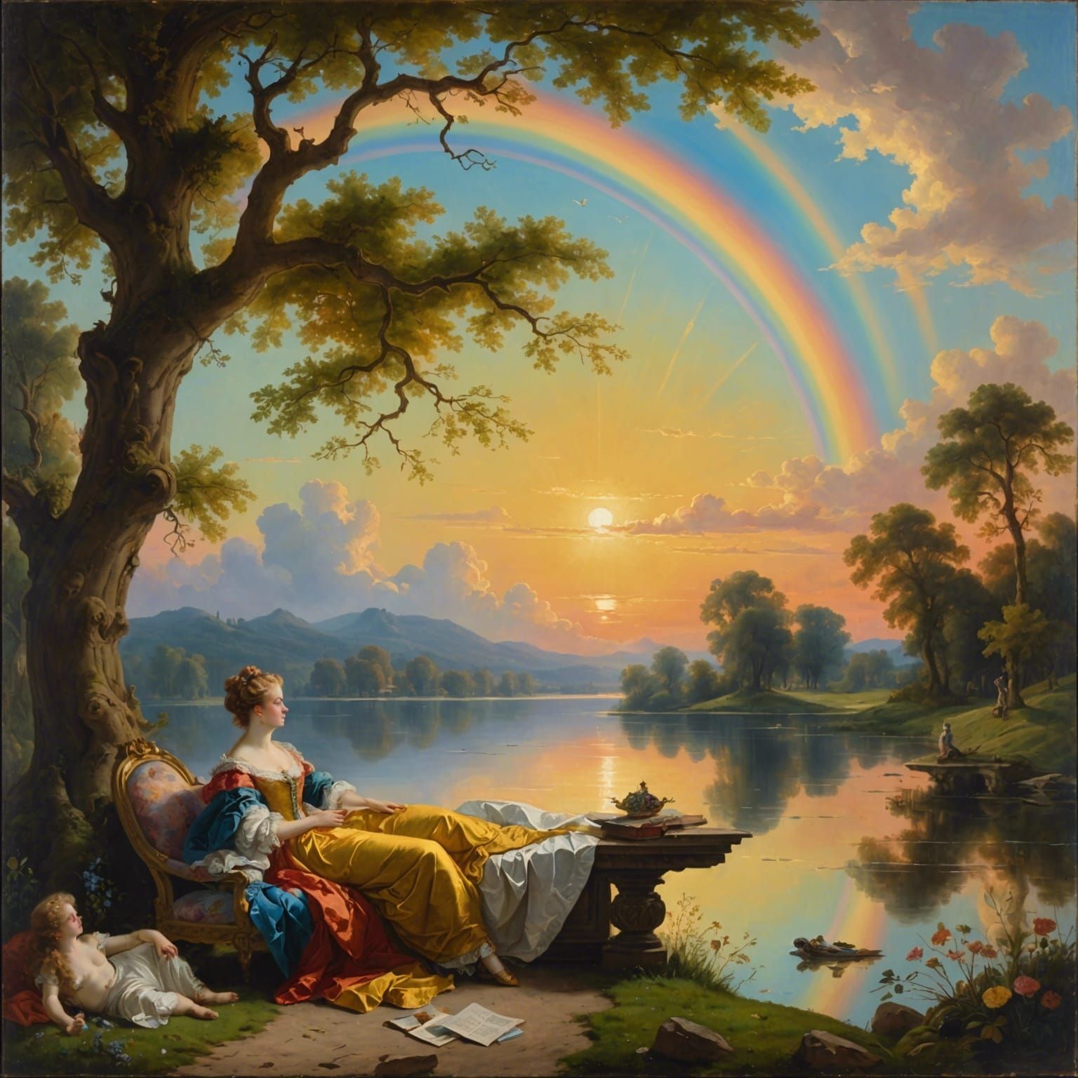 A vanity painting in Baroque style, a figure located in the center of the composition, positioned towards the left side ...