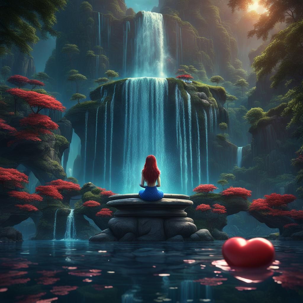 Asian Little Mermaid in a Fantastical Waterfall Scene
