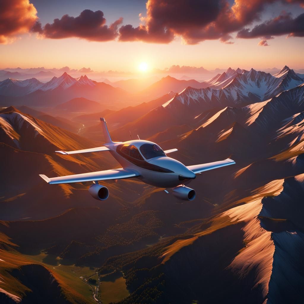 Airplane Flight Over Mountain Sunset