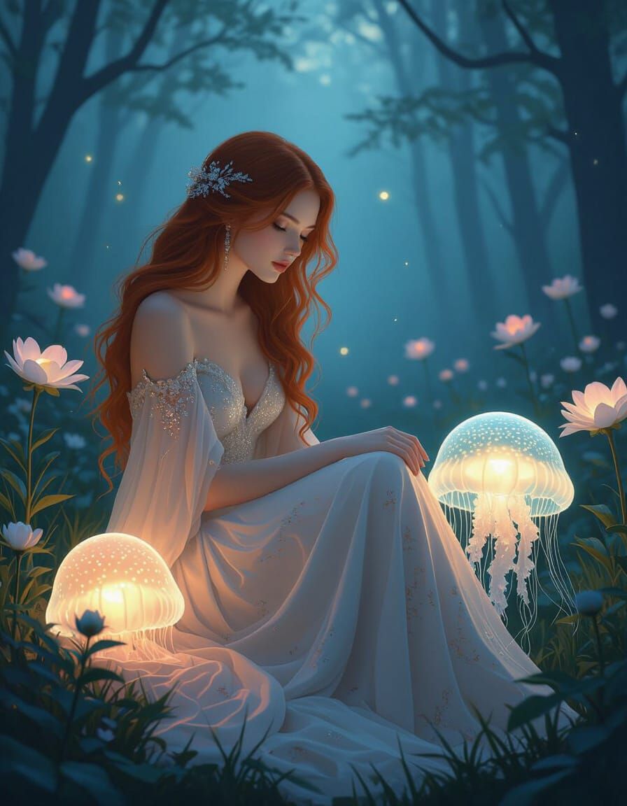 Art Nouveau Woman with Bioluminescent Jellyfish in Twilight ...
