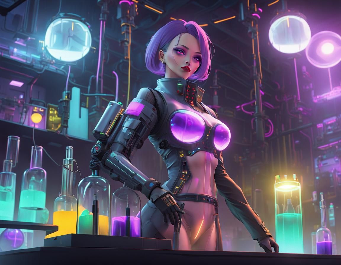Cyberpunk Mad Scientist in Neon Lit Lab