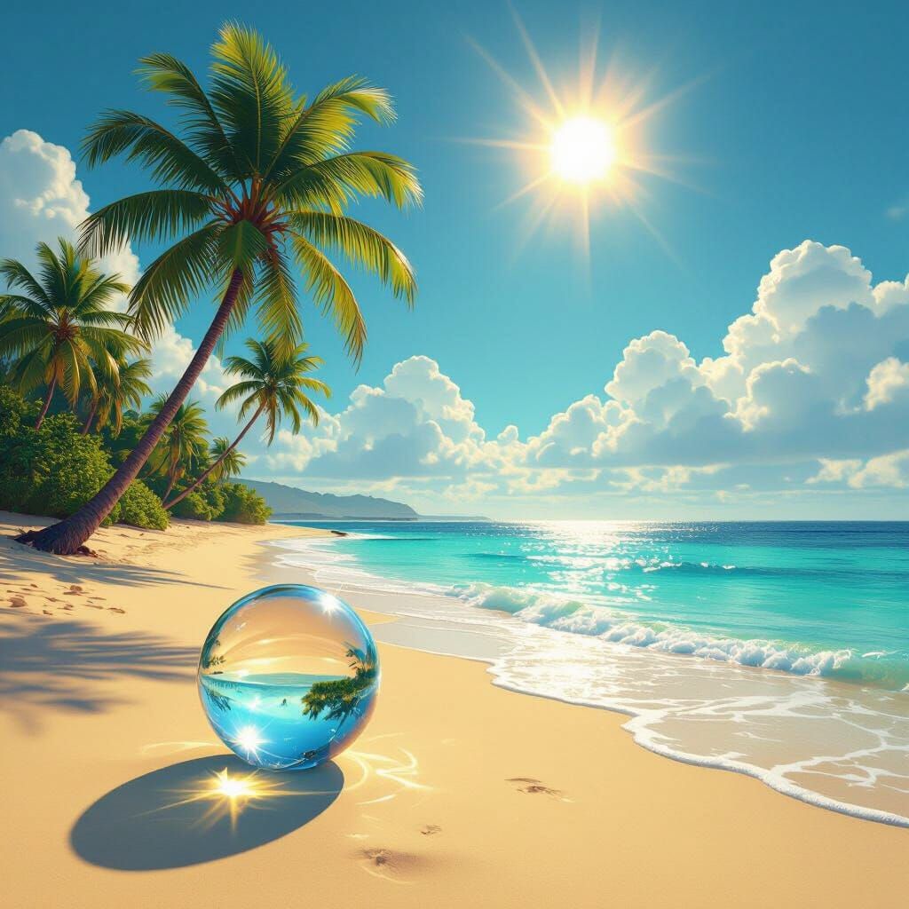 Tropical Beach with Crystal Ball in Hyperrealistic Style
