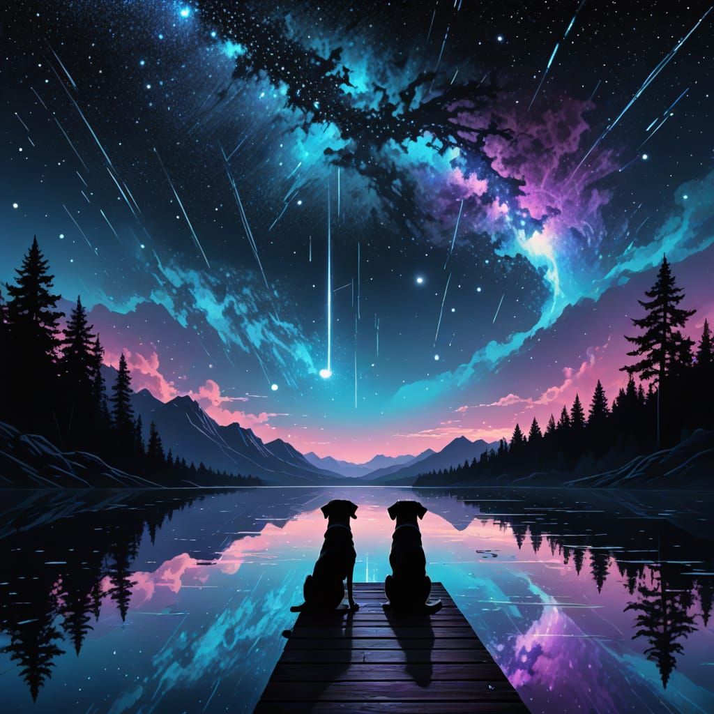 "A breathtaking night scene featuring the silhouette of a lone dog sitting at the edge of a wooden dock, gazing up at a ...