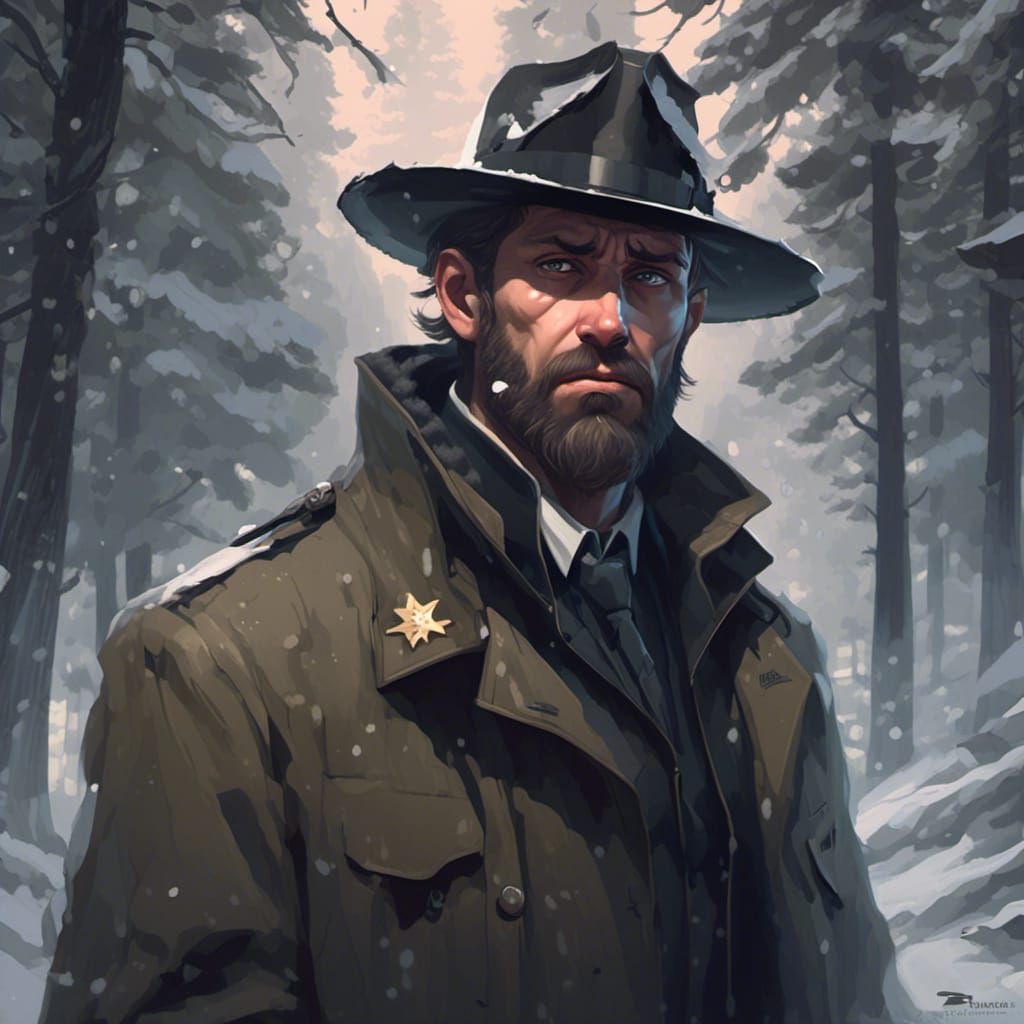 Worried Sheriff in Blizzard, Hyperdetailed Concept Art