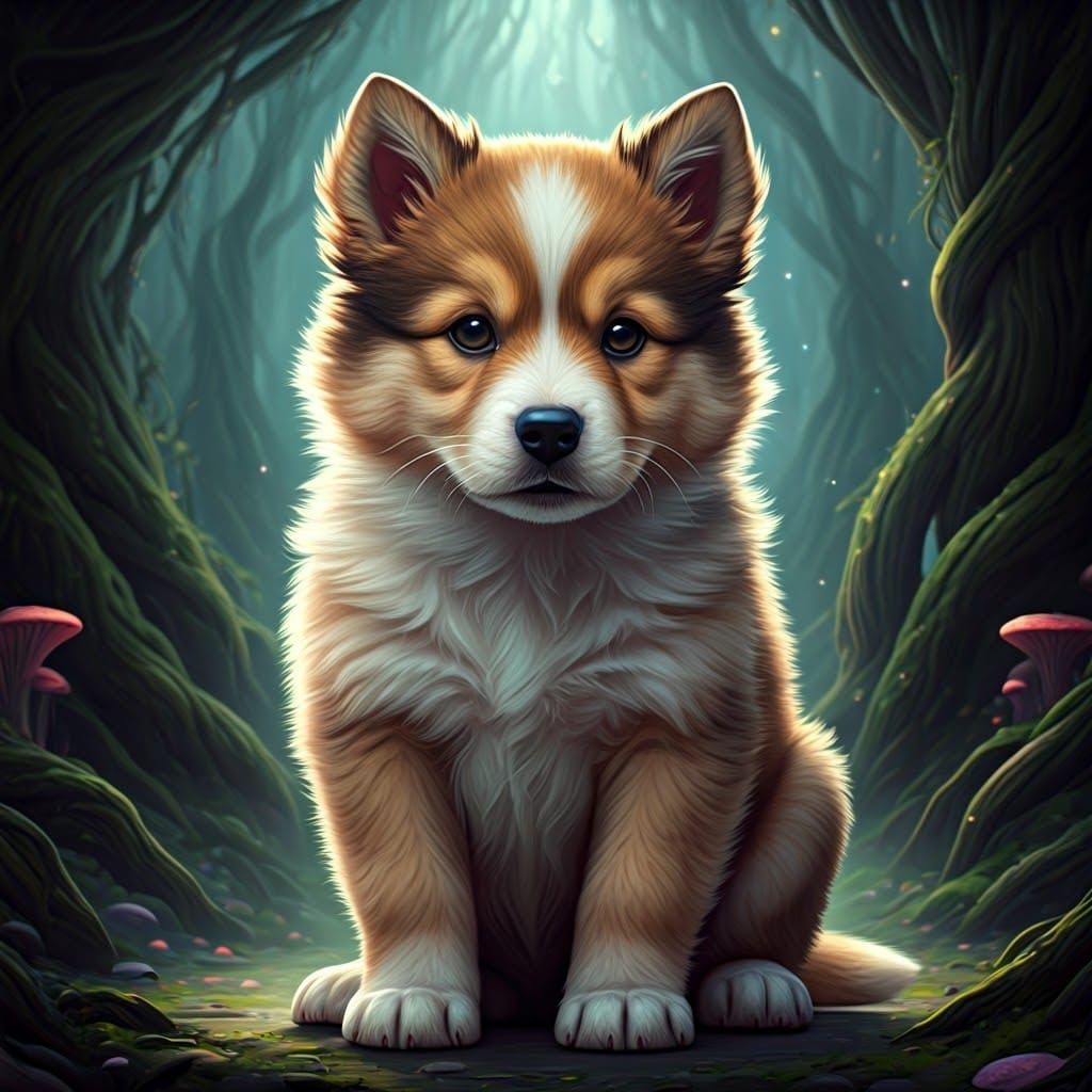 Mystical Puppy in High-Fantasy Landscape