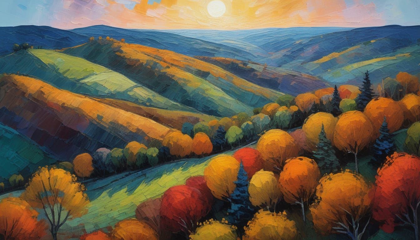 Impressionist Autumn Landscape in Moonlight