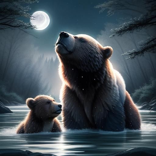 Grizzly Bear Double Exposure in Watercolor Style