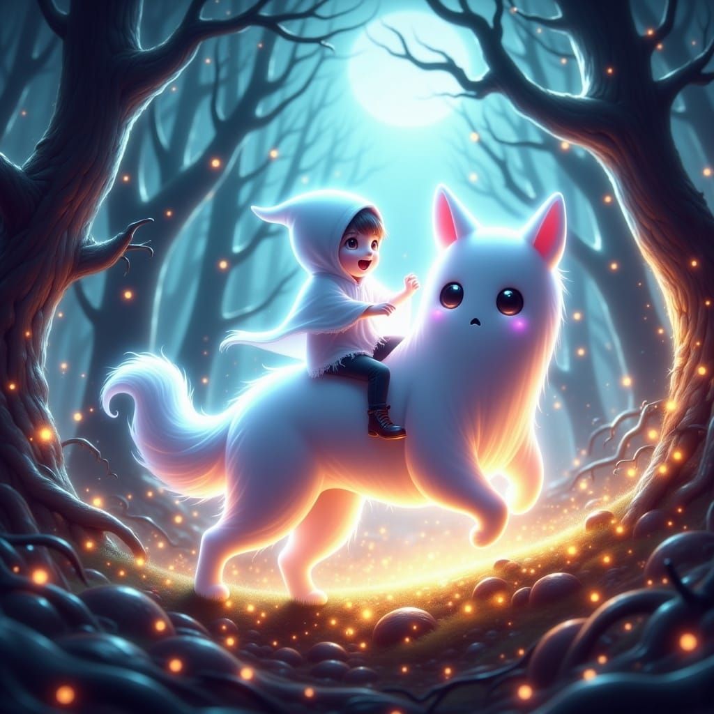 Ghost Rider on Ethereal Dog in Mystical Forest