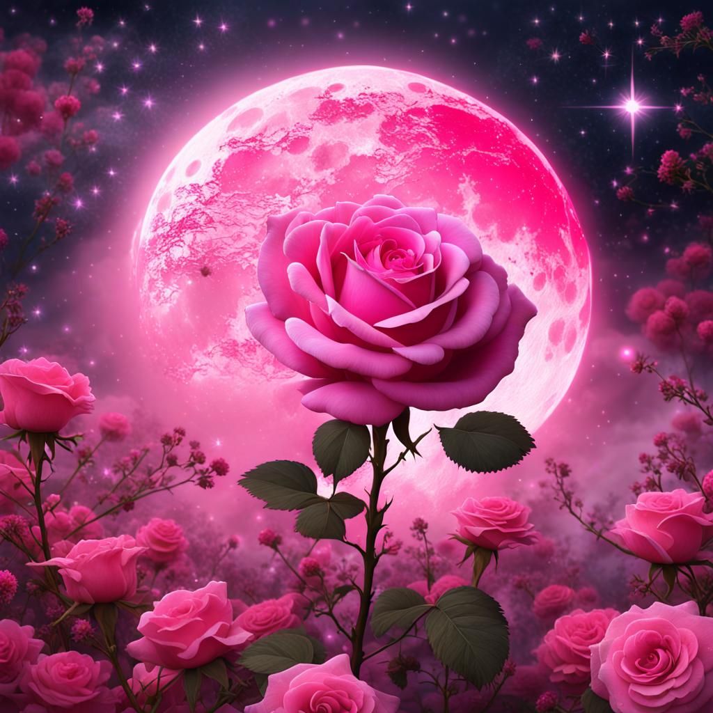 Pink Rose Fantasy Art with Moon and Flowers
