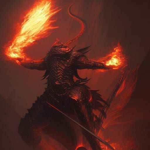 Dragonborn Warrior with Flaming Sword in Dark Fantasy Style