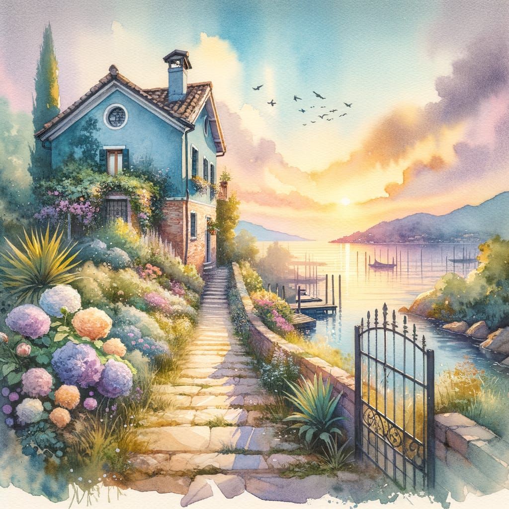 Impressionistic Watercolor Sunset Landscape with Blue House